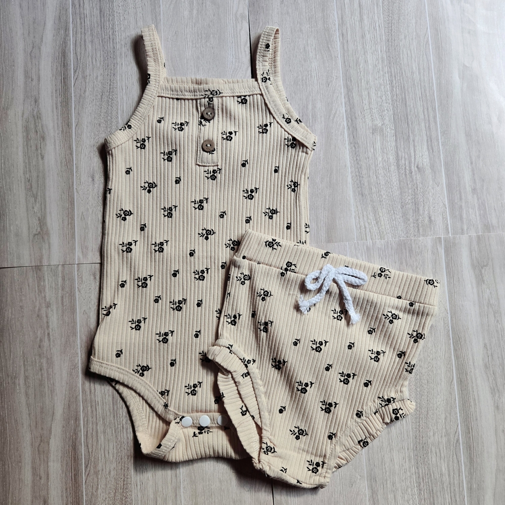 Boho Floral Ribbed Romper & Bloomer 2Pc Set Beige Henley Bodysuit Summer 18-24M